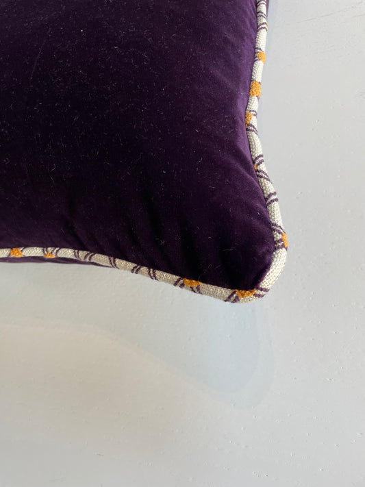purple velour cushion with contrast trimming